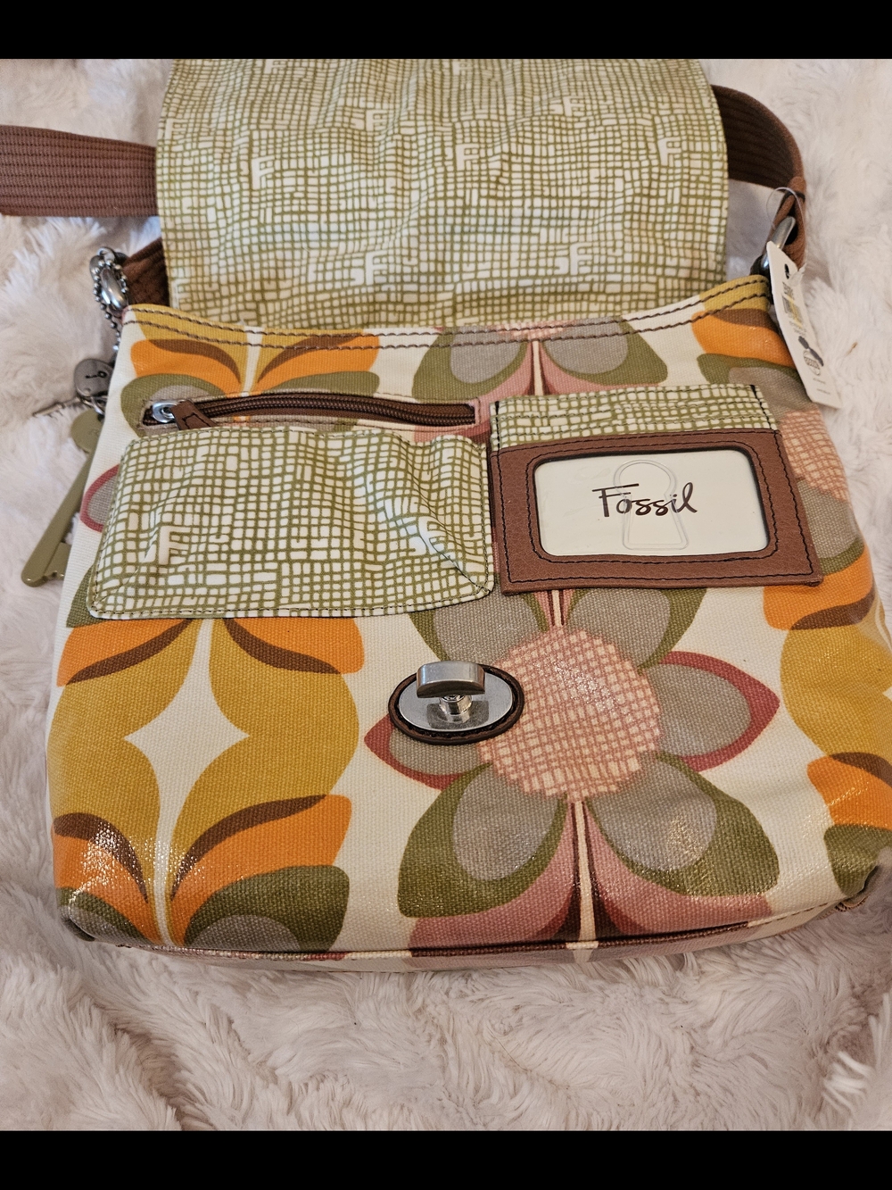 Fossil☆Key-Per☆Retro Floral Canvas Crossbody Bag in Brown and Mustard - Picture 6 of 13